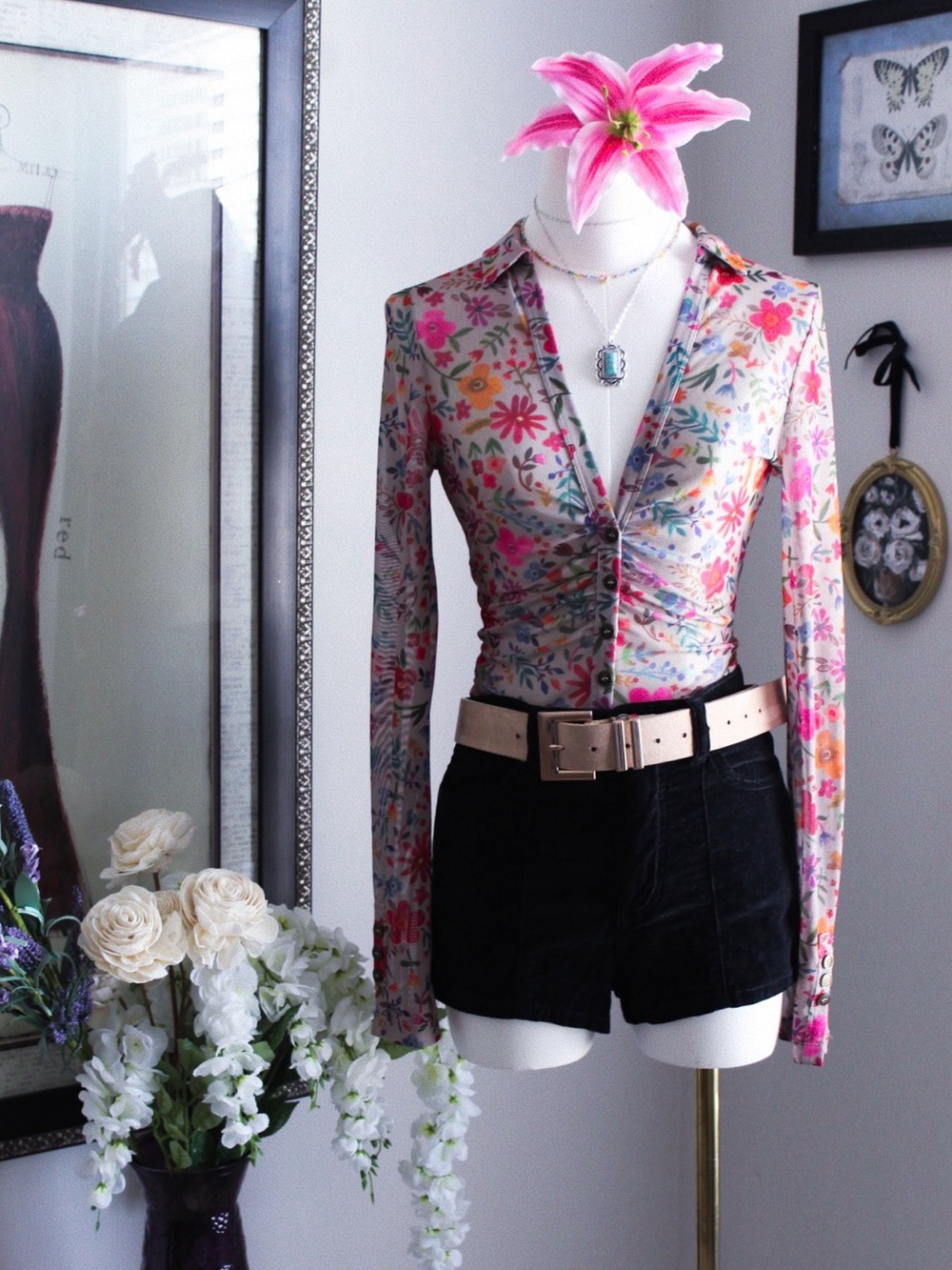 Natural Life Floral Ruched Button-Front Long Sleeve Top
